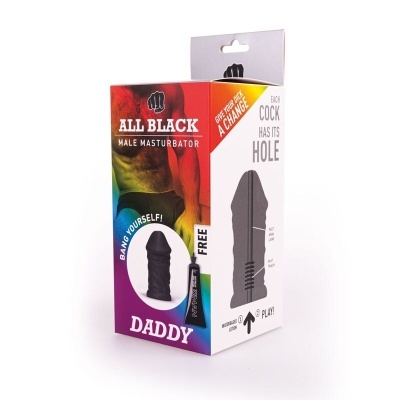 Embalagem colorida de masturbador masculino All Black Daddy com texto em inglês
