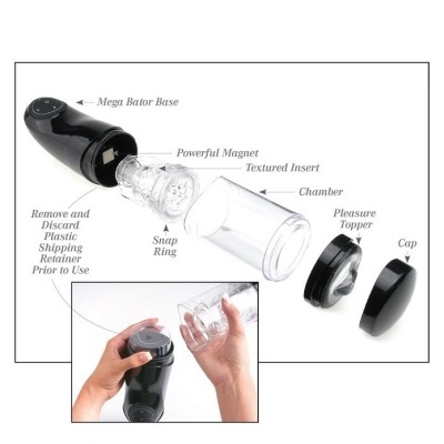 Dispositivo sexual masculino com várias peças destacáveis e texto instrutivo