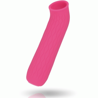 Produto rosa em silicone com textura ondulada e forma cilíndrica curvada