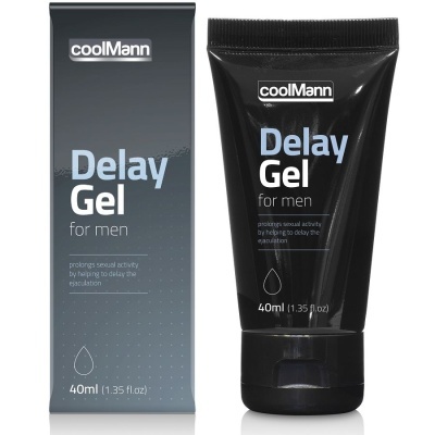 Gel Delay para homens coolMann 40ml embalagem e tubo pretos com texto em branco e azul