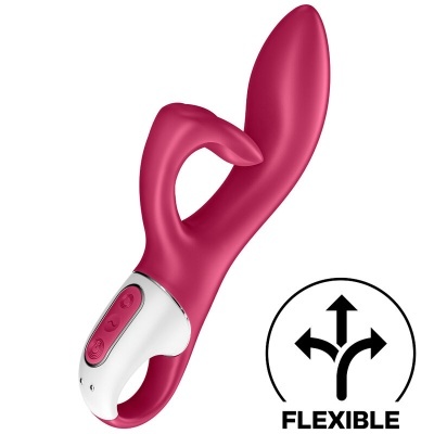 Vibrador flexível rosa com estimulador adicional e base branca com botões.