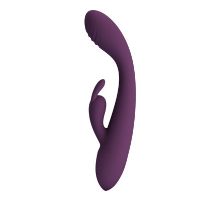 Vibrador roxo com design curvo e estimulador adicional