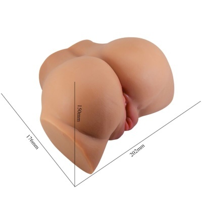 Imagem de um masturbador masculino realista cor de pele com dimensões destacadas.