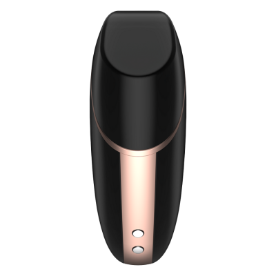 Aparelho eletrônico preto com detalhes em ouro rosa e botões prateados