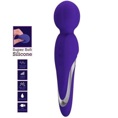 Massageador vibratório roxo em silicone com detalhes prateados e botões