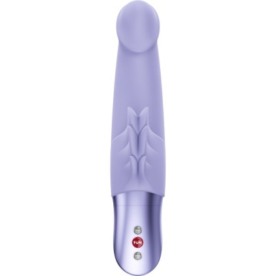 Vibrador roxo com textura e base metálica com botões