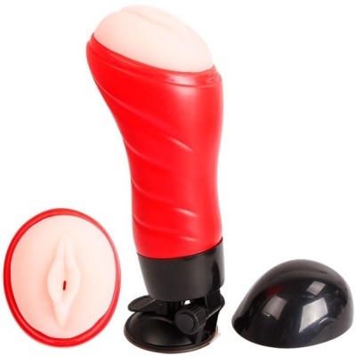 Produto adulto vermelho com base preta e abertura imitando vulva cor de pele