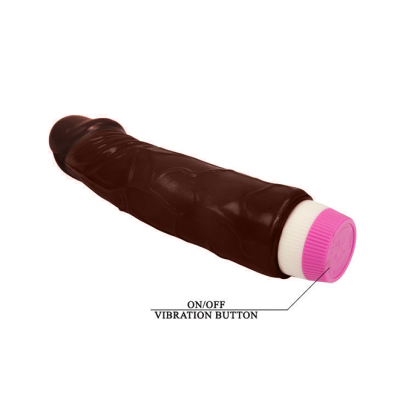 Vibrador castanho com botão roxo e texto ON/OFF VIBRATION BUTTON