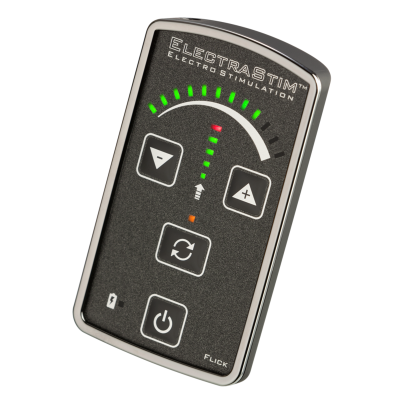 Comando preto ELECTRASTIM com botões brancos e indicadores luminosos.