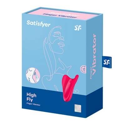 Embalagem azul de vibrador de dedo Satisfyer High Fly com imagem do produto vermelho