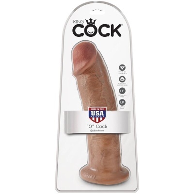Dildo castanho KING COCK na embalagem transparente com base branca e texto
