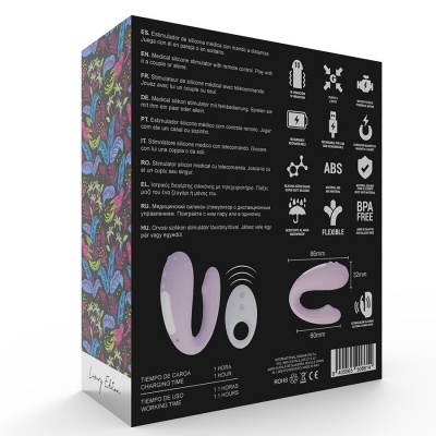 Embalagem de dispositivo silicone lilás com padrão floral e informações técnicas