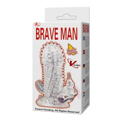 Embalagem branca do produto 'BRAVE MAN' com capa masculina texturizada transparente e texto em vermelho