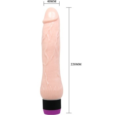 Vibrador cor de pele com textura veias e base preta e roxa.