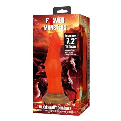 Caixa de dildo em silicone vermelho com base castanha e texto de características