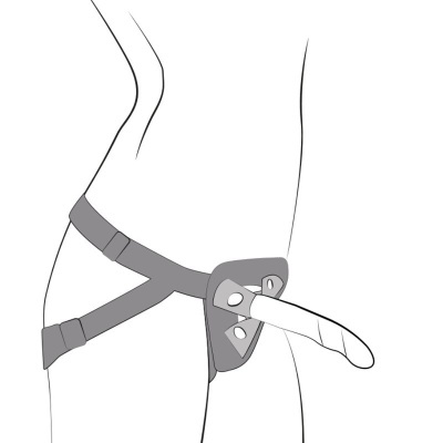 Cinta cinza com dildo branco fixo num modelo desenhado em perfil
