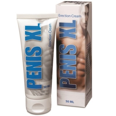 Tubo e caixa do creme PENIS XL Erection Cream 50 ML com imagem de torso masculino