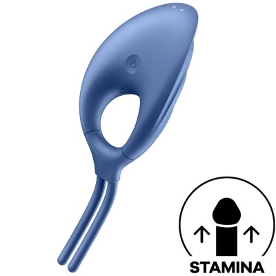 Aparelho azul ergonómico com botão e duas pontas, símbolo preto 'STAMINA' com figura masculina.