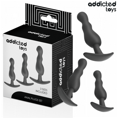 Conjunto de três plugs anais pretos com caixa da marca Addicted Toys