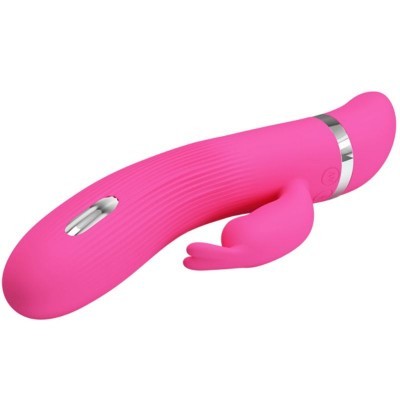 Vibrador rosa com detalhes prateados e ponta com formato de coelho.