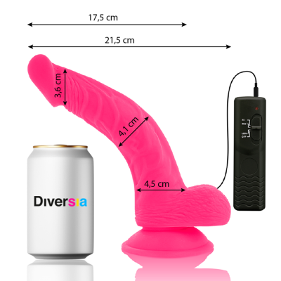 Vibrador rosa em silicone com controlador remoto preto ao lado de uma lata branca com texto Diversia.