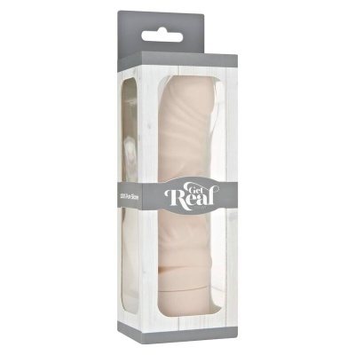 Produto acessório adulto pele em caixa transparente com faixa cinzenta com texto Get Real