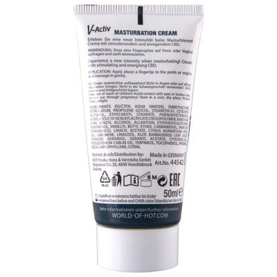 Tubo branco de creme V-Activ Masturbation Cream com texto em alemão e inglês, capacidade 50 ml