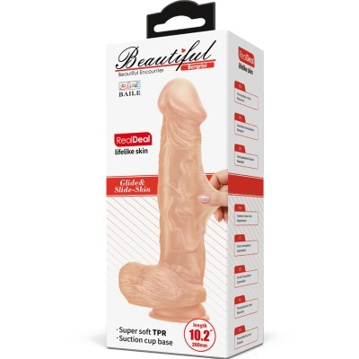 Brinquedo sexual realista em embalagem branca com detalhes vermelhos e texto