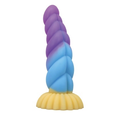Dildo em silicone com textura espiral em azul, roxo e amarelo