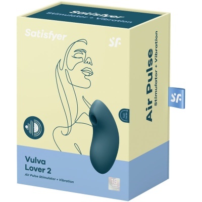 Caixa do estimulador Satisfyer Vulva Lover 2 azul escuro com embalagem bege e azul