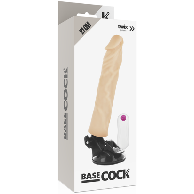 Dildo com ventosa e comando em caixa branca com texto BASE COCK