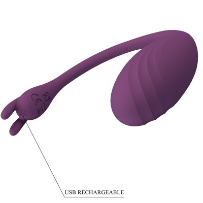 Dispositivo roxo oval texturizado com haste fina e texto USB RECHARGEABLE