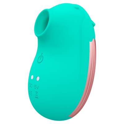 Dispositivo azul turquesa com detalhes cor de rosa e botões táteis