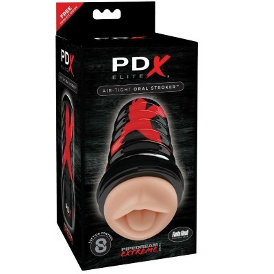 Embalagem preta de produto PDX Elite Air-Tight Oral Stroker com objecto com forma de boca