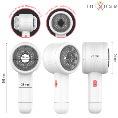 Aparelho de massagem branco com botão rosa e círculos translúcidos, com dimensões detalhadas