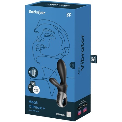 Caixa azul do vibrador Axel Heat Climax + Satisfyer com desenho linear de rosto e informações do produto.