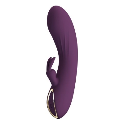 Vibrador roxo com estimulador e detalhes dourados