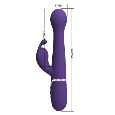 Vibrador roxo em silicone com duas pontas e medidas indicadas, fundo branco