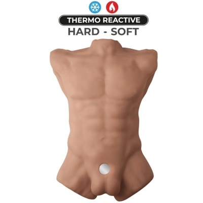 Figura masculina torso castanho claro com textura muscular e ponto prateado, texto THERMO REACTIVE HARD · SOFT
