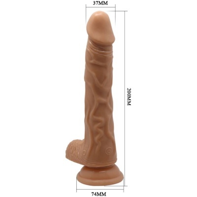 Dildo castanho com textura veiculada e base alargada, medidas indicadas.