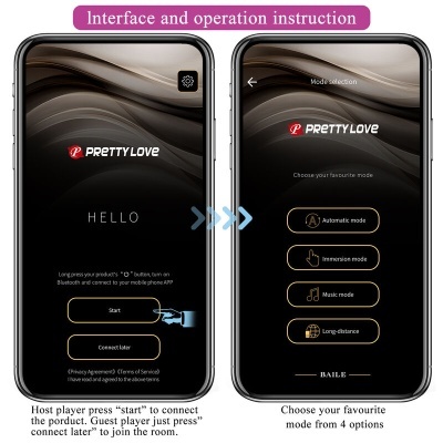 Ecrãs de telemóvel com interface da aplicação PRETTY LOVE e opções de modos