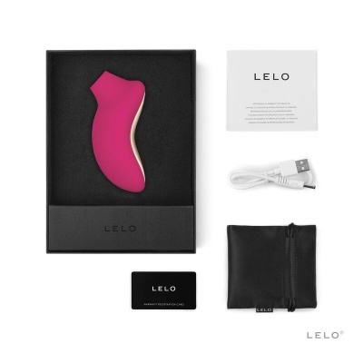 Conjunto de produto LELO com dispositivo cor-de-rosa, manual, cabo USB, cartão e bolsa preta
