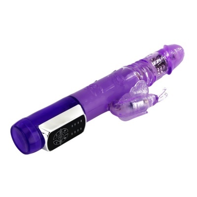 Vibrador roxo translúcido com estimulador extra em forma de coelho e controlo na base