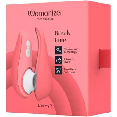 Embalagem cor-de-rosa do produto Womanizer Liberty 2 com imagem do dispositivo rosa e texto descritivo