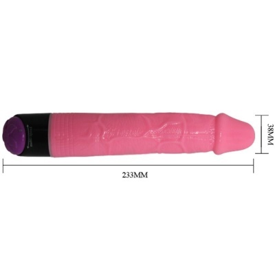 Vibrador rosa texturizado com base preta e botão roxo