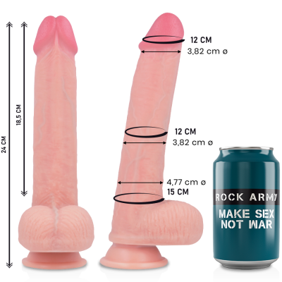 dildo realista com base de ventosa ao lado de lata azul com texto em branco
