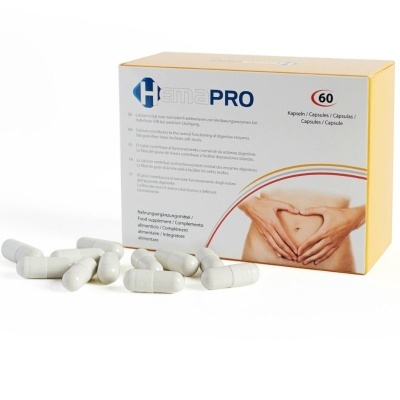 Caixa HemaPRO com cápsulas brancas e imagem mãos em forma de coração na barriga