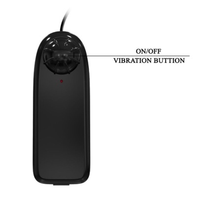 Comando remoto preto com botão rotativo e texto ON/OFF VIBRATION BUTTON