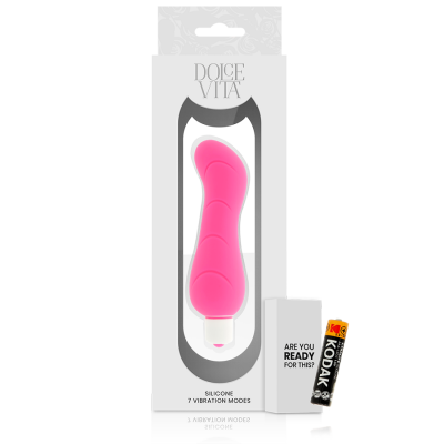 Vibrador rosa de silicone em embalagem branca com pilha Kodak AA ao lado