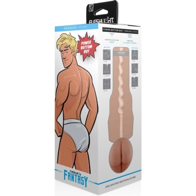 Embalagem branca de produto erótico 'Fleshlight' com desenho de homem musculoso e produto em cor pele na lateral